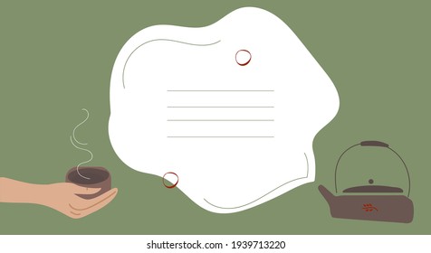 Clay teapot with a cup of tea template design. Brochure, invitation card, flyer design template vector. Design template with type space.