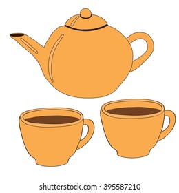 Clay teapot and cups. Set of isolated objects on white background. Vector illustration.