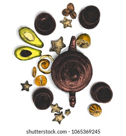 clay teapot and cups with star-shaped cookies with tangerines and lemon skin avocado and walnut top view, color sketch style drawing