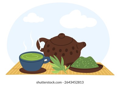 Bule de chá Clay. Xícara de chá verde. Folhas e pós orgânicos secos. Japonês Matcha bebida quente. Cerimônia tradicional chinesa. Caneca de cerâmica. Bandeja de cerâmica asiática. Louça de mesa de porcelana oriental. Conceito de vetor