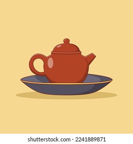 Clay Teapot on Plate Vector Icon Illustration. Kettle Vector. Flat Cartoon Style Suitable for Web Landing Page, Banner, Flyer, Sticker, Wallpaper, Background