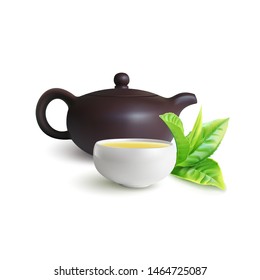 Clay teapot and teacup for Chinese tea ceremony. Green tea leaves
