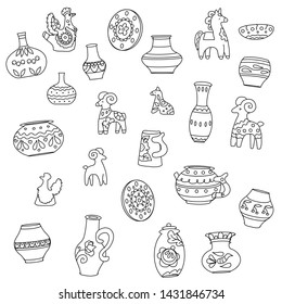 Clay toys and ceramic dishes on a white background. Circuit. Vector illustration.