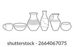 Clay utensil set. Handmade kitchenware pots, vases, Jugs and cup. Outline illustration, isolated on white background, design elements
