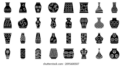 Clay vase, ceramic amphora, urn of different shapes and designs. Vase with decor for a modern fashionable interior. Set of vector icons, glyph, isolated