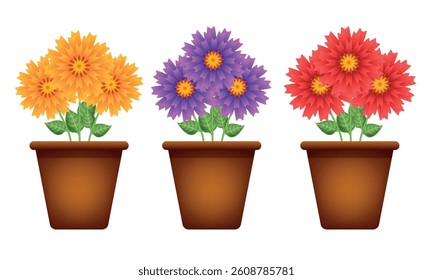 Clay vase with flowers. Vector 3d illustration isolated on white background.