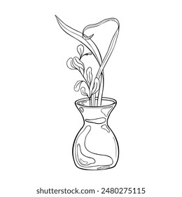 Clay vase with long stems black white vector illustration isolated. Ink silhouette vase and floral elements in line art. Vase line contour hand drawn. Element for ceramics workshop, school modeling