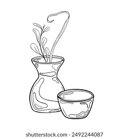 Clay vase with long stems black white vector illustration isolated. Ink silhouette vase and floral elements in line art. Bowl line contour hand drawn. Element for ceramics class, school modeling clay