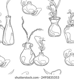 Clay vases with plant branches black white vector seamless pattern isolated. Ink silhouette pot and floral elements in line art endless background. Pattern with pottery and floral elements for textile