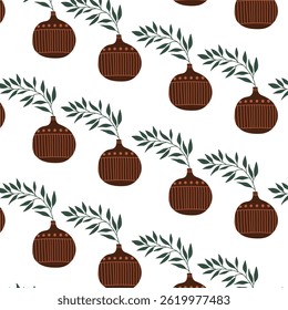 Clay vases with plants. Seamless Pattern. Minimalistic trendy style. Leaves, Palm leaves. Decorative, antique pottery vase. Scandinavian art with vases. Background