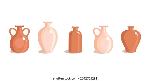 Clay vases set in a flat style. Antique jug. Vector illustration on a white isolated background.
