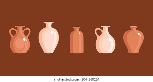 Clay vases set in a flat style. Antique jug. Vector illustration.