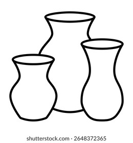 Clay vases thin line icon, pottery making concept. Vector graphics. Different sizes jugs, fragile items sign on white background, style mobile or design