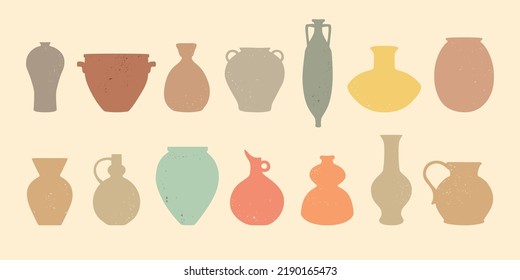 Clay vases of various shapes, traditional pottery silhouettes with lightly grunge texture, pastel, terracotta and earthy color ceramics, different vessels, jugs, amphoras, pots and vases