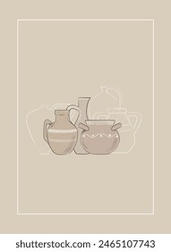 Clay vessels atmospheric concept in flat cartoon design. This beautiful simple image done in a modern style depicts earthenware and is also a metaphorical symbol. Vector illustration.