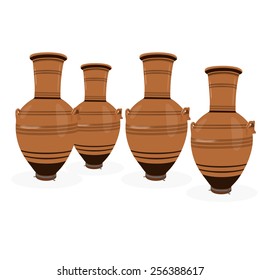 Clay vessels. Four clay jars Egyptian style.