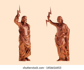 Clay Zeus. Set of Brown Shiny Zeus on Isolated Background. Low Poly Vector 3D Rendering