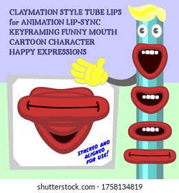 Claymation Style Tube Lips for Animation Lip-Sync Key-framing Funny Mouth Cartoon Character Happy Expressions Suitable for Many Skits and Kinds of People Generic Cute Adorable Joyful Smile Phonemes