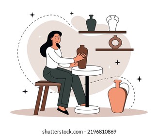Clayware crafting concept. Young girl with jugs. Creative personality, creativity and art, handmade. Advertising poster or banner. Hobby, ceramic lesson, workshop. Cartoon flat vector illustration
