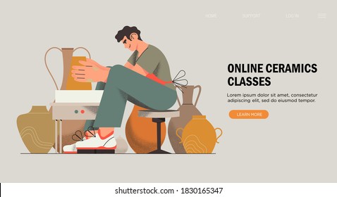 Clayware crafting hobby, online classes, handmade pottery concept. Young man on online ceramic lesson, earthenware workshop, professional clay artist in apron making ceramic jar. Vector illustration.