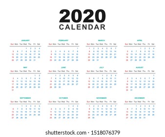 Clean 2020 calendar template design vector
