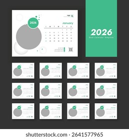 Clean 2026 new year desk calendar template design. Desk Calendar 2026 planner corporate template design set of 12 months. The week starts on Sunday.