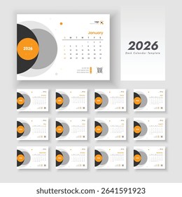 Clean 2026 new year desk calendar template design. Desk Calendar 2026 planner corporate template design set of 12 months.