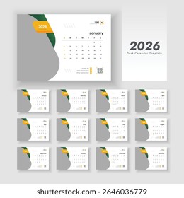 Clean 2026 new year desk calendar template design. desk calendar template for 2026 with week start on Sunday.