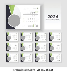 Limpar 2026 novo ano projeto de modelo de calendário de mesa. Vetor do calendário de mesa 2026 com início de semana no domingo.