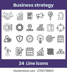 Clean 24-icon line set featuring business strategy elements such as growth, planning, leadership, teamwork, research, analytics, goals, productivity, innovation, and management. Ideal for apps, web.