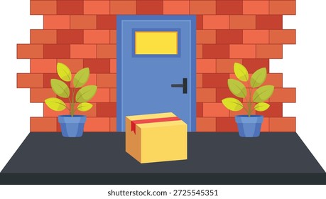 Um ícone plano 2D limpo que ilustra a entrega à porta sem contato com um pacote colocado fora de uma porta da casa, ideal para o transporte e-commerce, serviços de entrega em casa e logística de última milha.