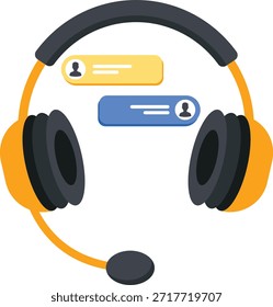 Un ícono plano 2D limpio que muestra un auricular de Asistencia al cliente con burbujas de chat, que representa la participación de los Clientes, el chat en vivo y los servicios de Asistencia de comunicación para plataformas digitales.