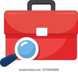 A clean 2D flat icon showing a red briefcase with a magnifying glass, symbolizing job search, recruitment, hiring, career opportunities, and professional exploration for websites, apps, and UI designs.