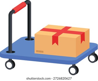 Una ilustración plana en 2D limpia de un camión de mano de plataforma de almacén azul que lleva una caja de envío de cartón sellada con cinta roja. Este gráfico profesional es ideal para representar la gestión logística, la realización de almacenes, los servicios de mudanza y los procesos de distribución de comercio electrónico.