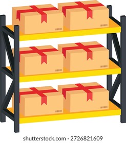 Una ilustración plana en 2D limpia de una estantería industrial de tres niveles llena de cajas de cartón organizadas. Este gráfico es perfecto para representar la gestión de inventario de almacenes, centros de cumplimiento de comercio electrónico, almacenamiento logístico y organización de la cadena de suministro.