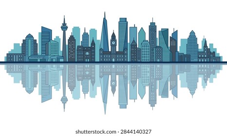 A clean, 2D flat-style vector graphic depicting a panoramic urban landscape. The skyline features a variety of architectural styles, including contemporary office buildings, a tall communication needle, and residential high-rises. The entire scene is mirrored in a symmetrical water reflection below a horizontal line, using a professional color palette of blue and teal tones.