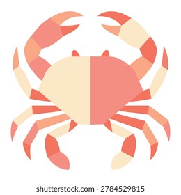 Clean 2D vector graphic of a stylized crab using sharp geometric shapes with an alternating split-tone pattern on the claws and legs. Coral pink and cream color blocks, isolated on a solid white background.
