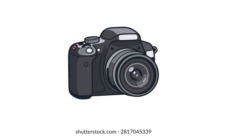 Clean 2D vector illustration of a dark grey digital single-lens reflex camera featuring a detailed 18-55mm lens with red accent shutter button. Rendered with soft shading and clean outlines isolated on a white background. Perfect for photography courses, equipment reviews, camera shop branding, and photo editing software icons.