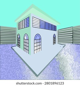 Clean 2D vector illustration of a modern commercial building shown in perspective view with large windows and architectural exterior details. Suitable for architecture, construction, real estate, urban development, engineering, property, and building design concepts.