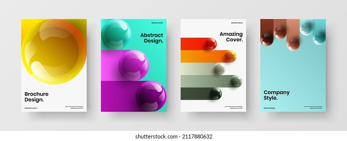 Clean 3D balls poster illustration set. Simple magazine cover vector design concept collection.