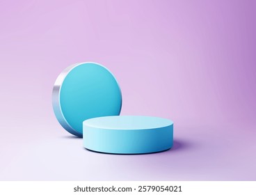 Clean 3D blue cylinder platform on purple background with minimalist design. Product display, mockup, branding, or showcasing in creative projects with a modern aesthetic