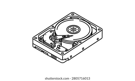 Clean 3D monoline illustration of an open hard disk drive, symbolizing data storage, technology, and computer hardware. Isolated on white.