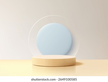 instalação limpa da exposição do produto 3D mostrando um fundo azul circular dentro de um anel claro em um pedestal bege, ideal para maquetes mínimos, criado para branding em configurações modernas da vitrine