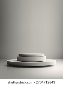 Escena 3D limpia con un moderno podio circular en tonos grises claros de gradiente suave creado para diseñadores que necesitan un entorno de estudio tranquilo para presentar productos o conceptos visuales con claridad y estilo