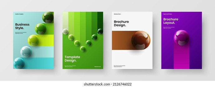 Clean 3D spheres book cover illustration bundle. Geometric flyer A4 vector design layout composition.