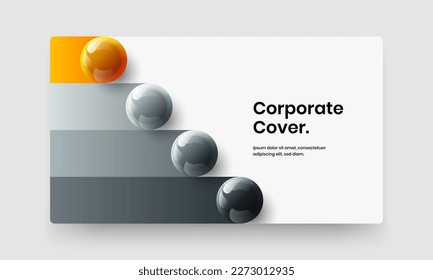 Clean 3D spheres front page layout. Bright catalog cover design vector illustration.