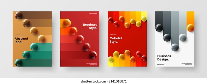 Clean 3D spheres pamphlet concept collection. Original magazine cover A4 design vector illustration set.