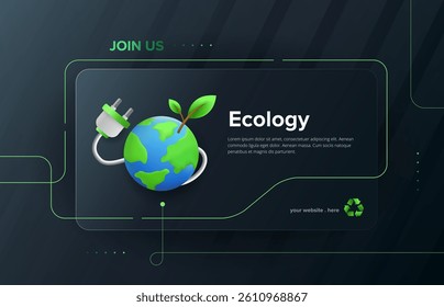 Clean 3D sustainable renewable energy concept with green earth globe and electric plug background. Ecology design template. Vector illustration.