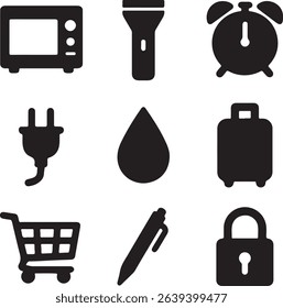 A clean 3x3 silhouette set of utility items: microwave, flashlight, alarm clock, plug, water drop, suitcase, shopping cart, pen, and padlock.