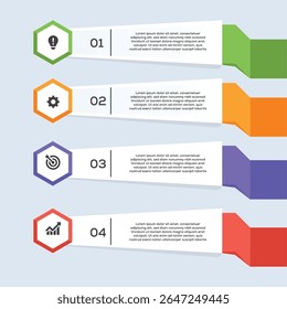 Limpie la infografía de 4 pasos con los íconos del hexágono, los Anuncios numerados y los puntos destacados coloridos en el fondo claro.